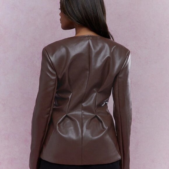 Brown Elegant Women's Woven Fabric Buttoned Collarless Pintuck Long Coat - Picture 2 of 4